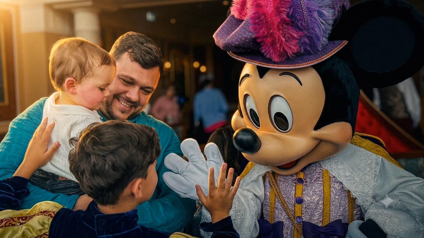 Família encontrando um personagem durante uma viagem.